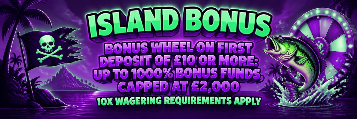 A tropical island, palm silhouettes and a tattered pirate flag surround a glowing bonus wheel and leaping bass.